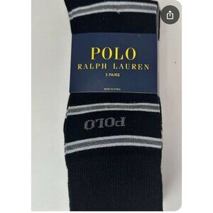 Ralph Lauren Polo Mens Crew Socks 3-Pack Black Gray Striped Size 10-13 NWT